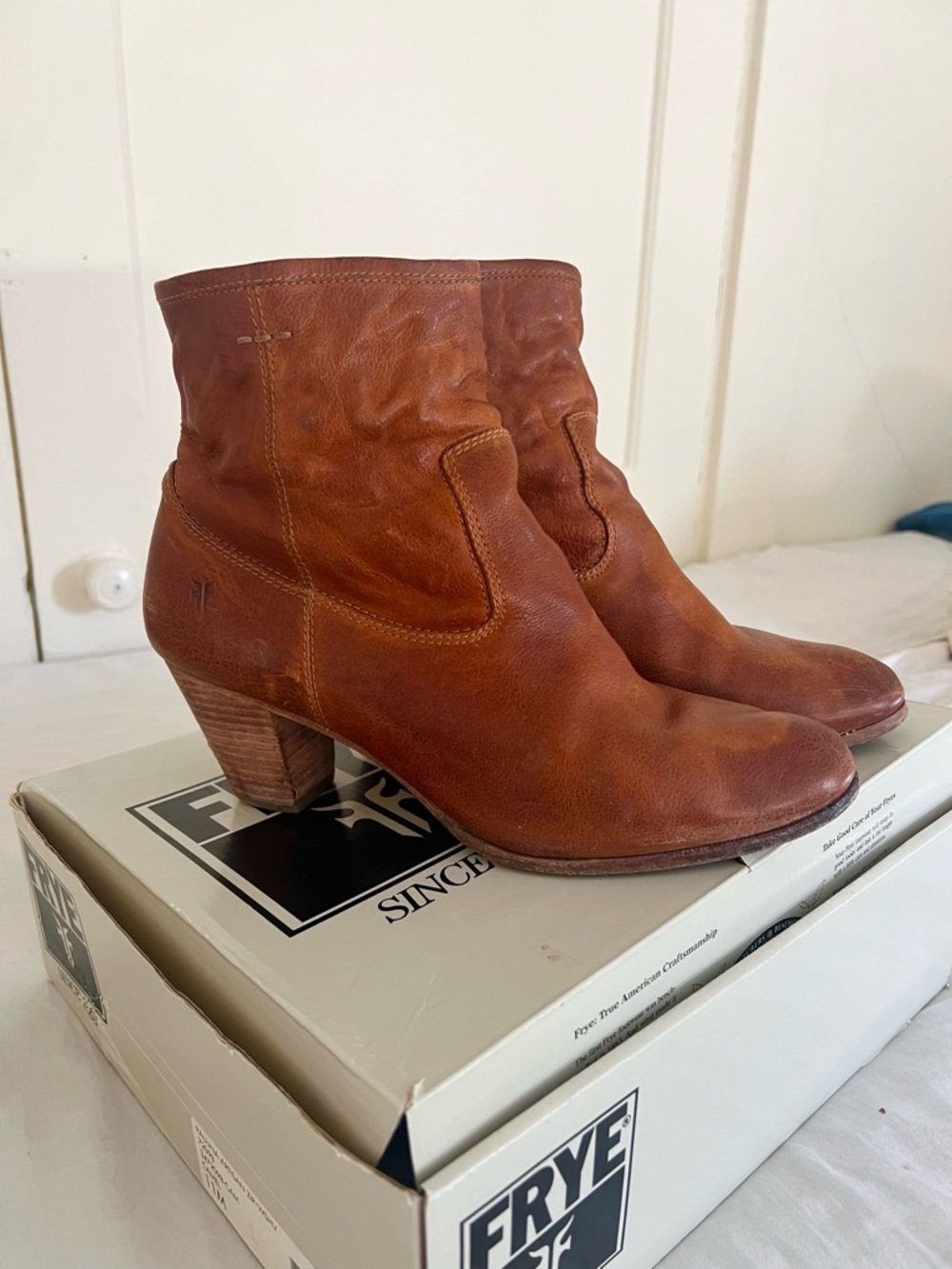 Frye Cognac Leather Ankle Booties with Stacked Heel